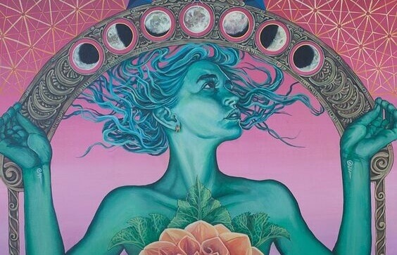 Frau, umgeben von Monden in verschiedenen Phasen