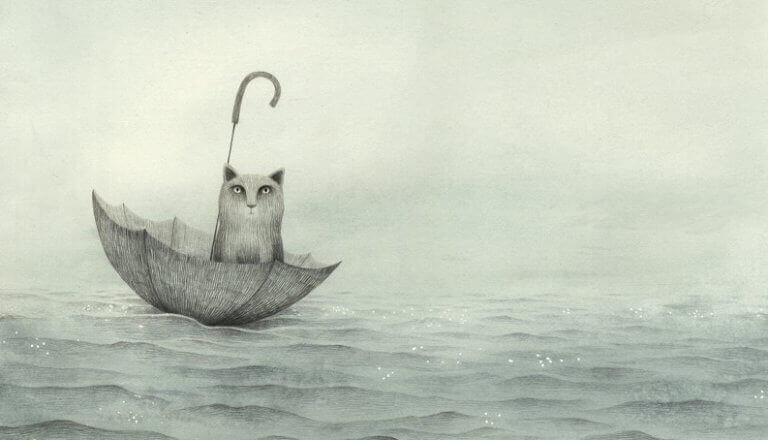 Katze schwimmt im Regenschirm