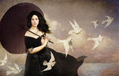 Frau mit Schirm und Vogelschwarm