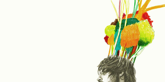 Zeichnung eines Mannes, aus dessen Haaren ein farbenfroher Wald wächst.