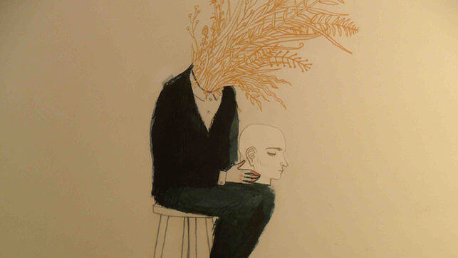 Zeichnung eines Mannes, der seinen Kopf auf den Oberschenkeln trägt und aus dessen Kragen eine Wiese wächst.