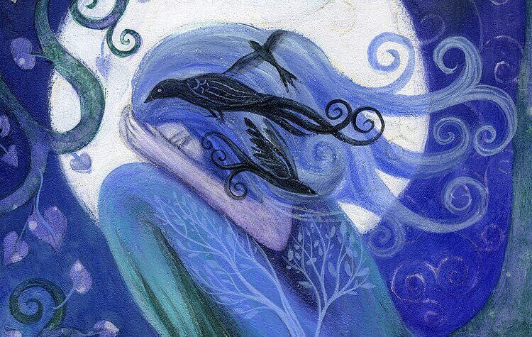 Traurige Frau in blau gemalt