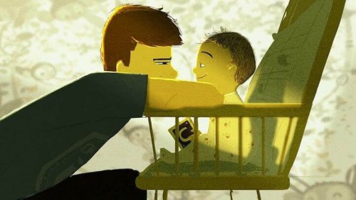 Baby im Kinderstuhl und Papa