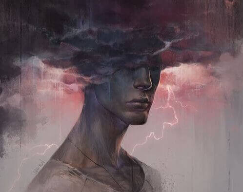 Verärgerter Mann mit Gewitterwolke über dem Kopf