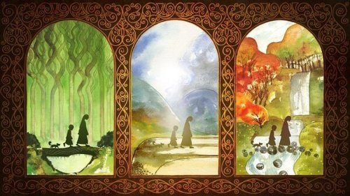 Mutter, Kind und Haustier in drei Naturkulissen