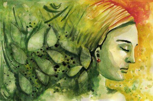In Grün gemalte Frau mit geschlossenen Augen