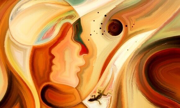 Gemälde einer Frau und eines Salamanders