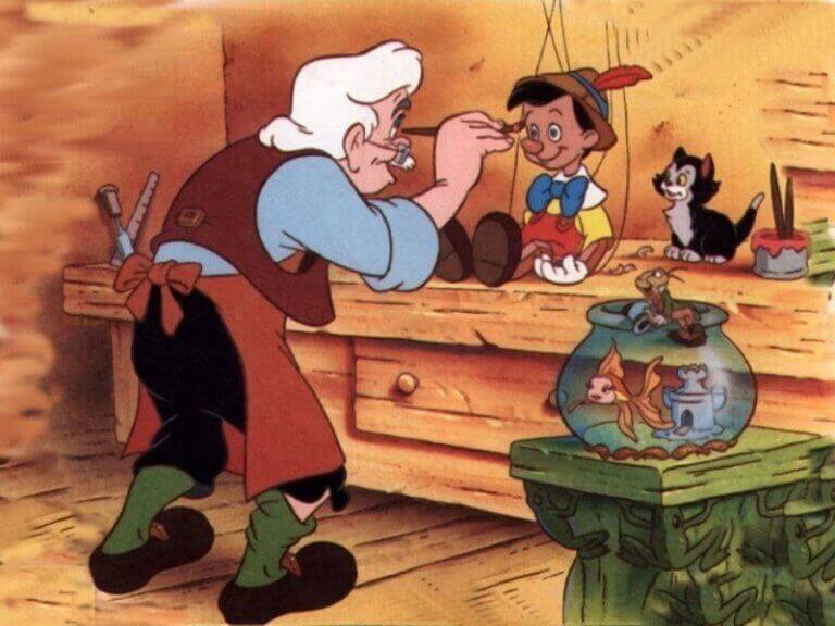 Geppetto bemalt seine Puppe Pinoccio