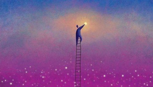 Mann klettert auf einer Leiter zu den Sternen hoch