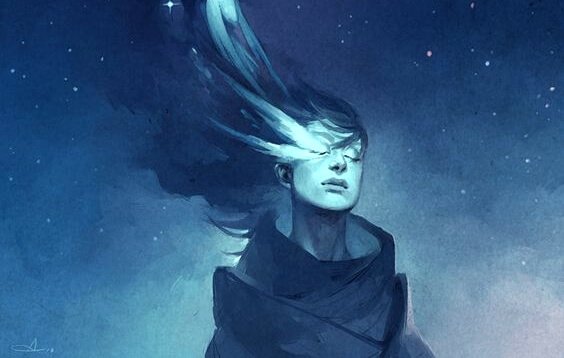 Mädchen mit geschlossenen Augen vor Sternenhimmel