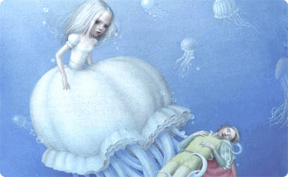 Mädchen als giftige Qualle vor einem Prinzen im Meer.