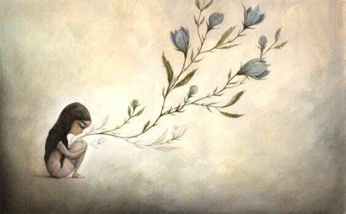 Trauriges Mädchen, aus dem Blumen wachsen