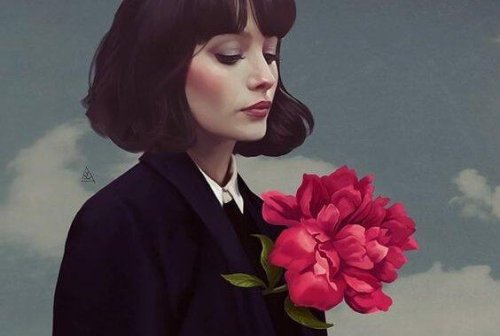 Frau, aus der eine Blume wächst