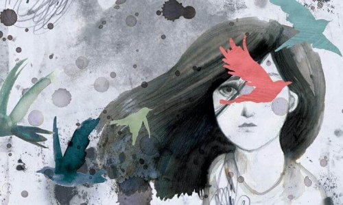 Zweifelnde Frau mit Vogelsilhouetten