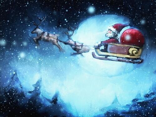 Weihnachtsmann mit Schlitten am Himmel