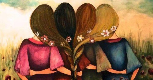 Gruppe von Frauen, deren Haare miteinander verflochten sind