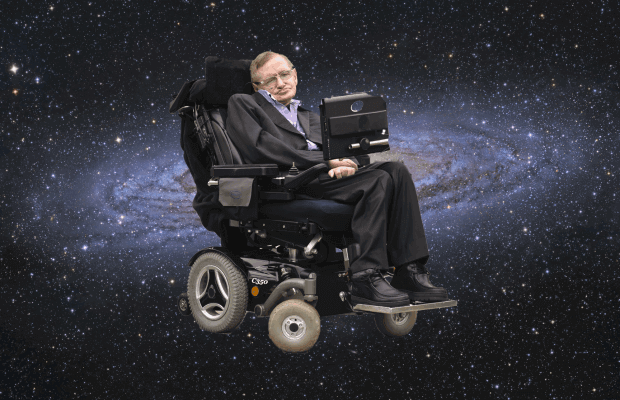Stephen Hawking vor einer Galaxie