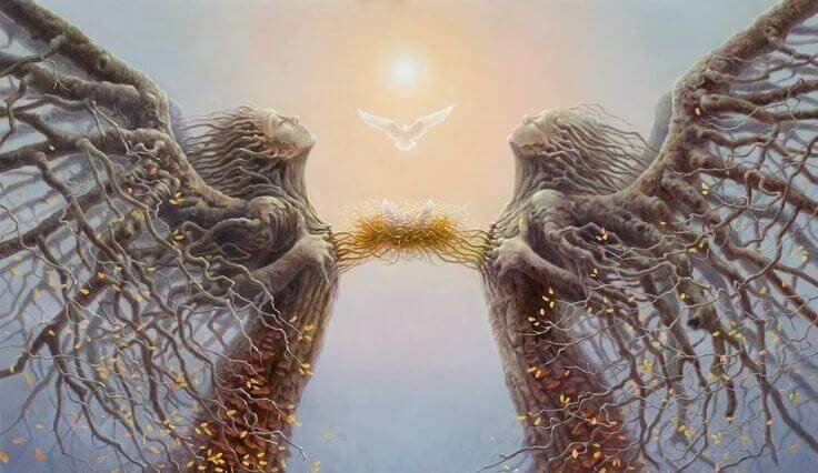 Zwei Baumengel verbinden sich Herz zu Herz. Über der Verbindung schwebt eine Taube.