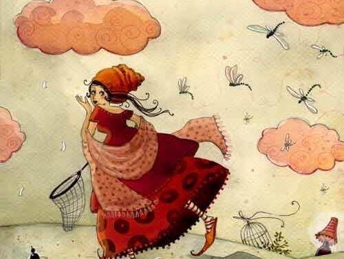 Eine Frau fängt Libellen