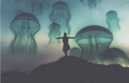 Eine Frau steht auf einem Berg vor vielen Quallen