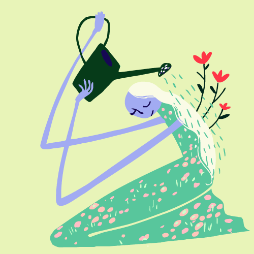 Zeichnung einer Frau, aus deren Rücken Rosen wachsen, während sie sich selbst gießt.