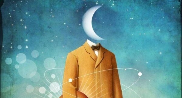 Oberkörper mit Mond als Kopf vor Sternenhimmel