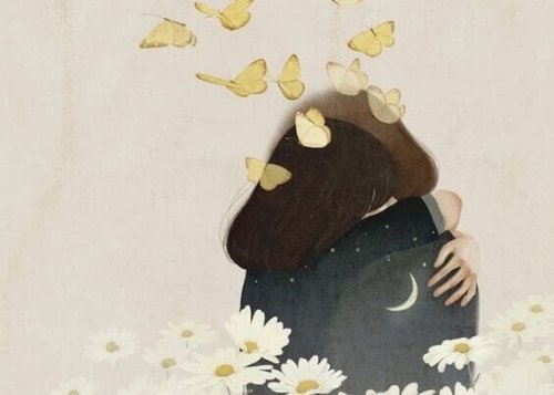 Zwei Menschen umarmen sich unter Schmetterlingen