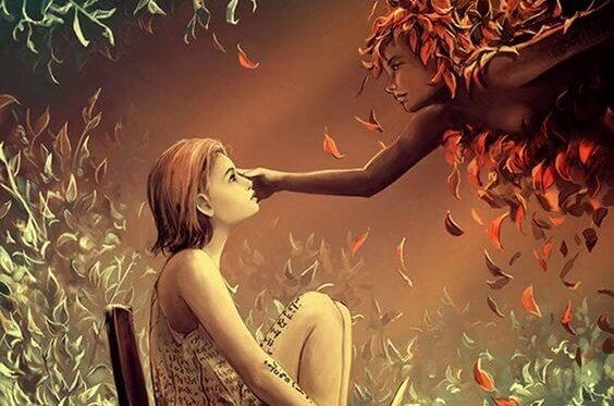 Ein Mädchen sitzt auf einem Stuhl. Eine engelsgleiche Person beugt sich herab und berührt ihr Gesicht.