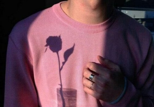 Schatten einer Rose fällt auf den Pullover eines Mannes