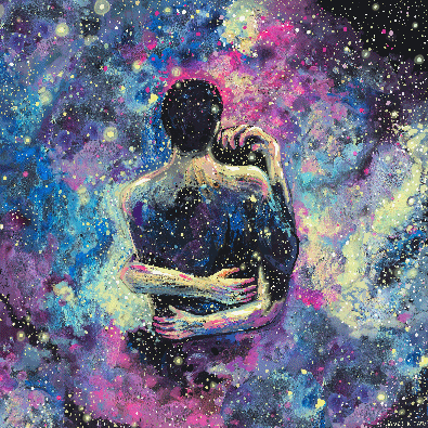 Paar umarmt sich umgeben von Farben