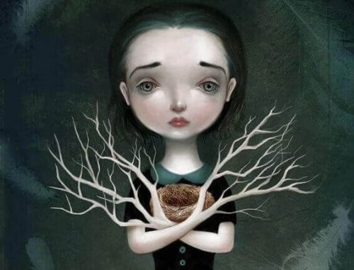 Trauriges Mädchen mit Ästen als Arme