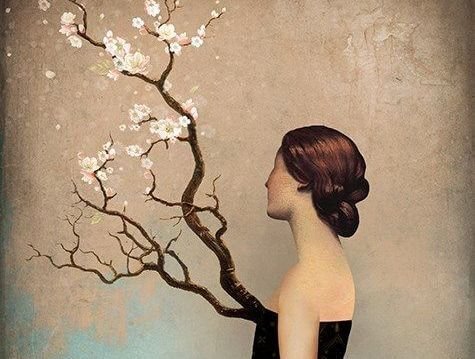 Zweig mit Blumen wächst aus einer Frau