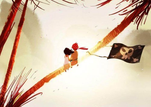 Zwei Kinder sitzen Arm in Arm auf einer Palme, ohne Angst vor Liebe