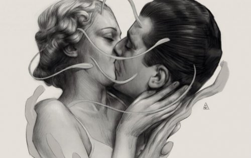 Zeichnung von einer Frau und einem Mann, die sich leidenschaftlich küssen und ineinander verschmelzen.