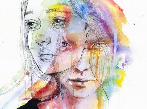 Zeichnung von zwei Gesichtern einer Person, eines schaut den Emotionen ins Gesicht, das andere schaut weg.
