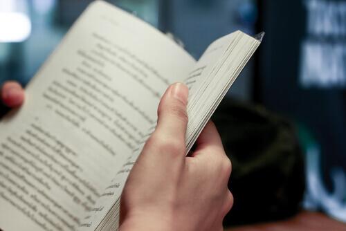 Eine Person hält ein offenes Buch in den Händen.