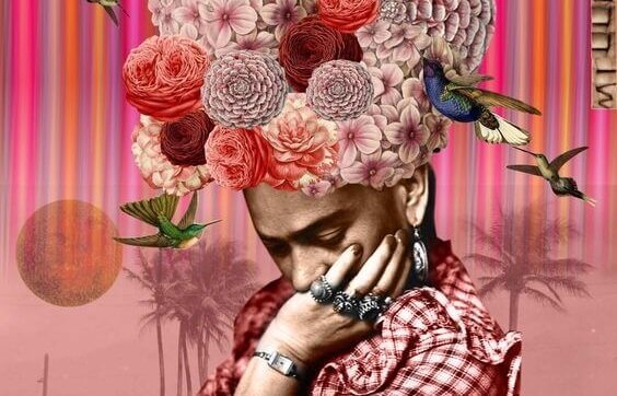 Frau mit Blumen und Kolibris