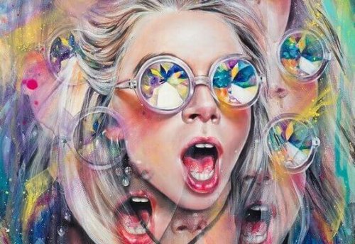 Frau sieht bunte Farben durch Sonnenbrille