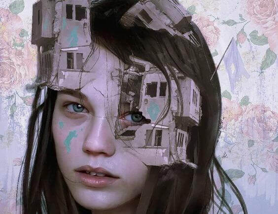 Verunsicherte Frau mit Häusern im Kopf