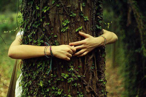 Zeichen der Dankbarkeit: Ein Mädchen umarmt einen Baum.