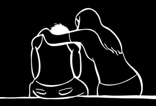 Schwarz-weiß Zeichnung von einer Frau, die eine andere Person umarmt
