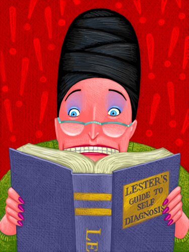 Gemaltes Bild von Frau, die sich über Krankheiten beliest