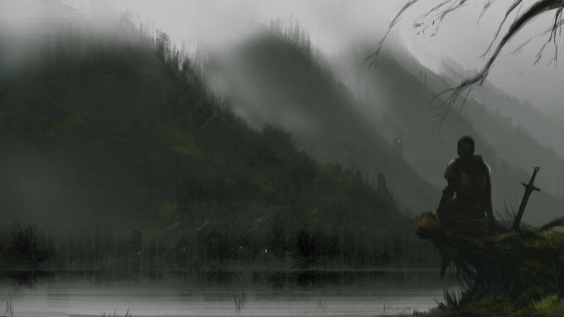 Ritter sitzt an einem dunkeln See