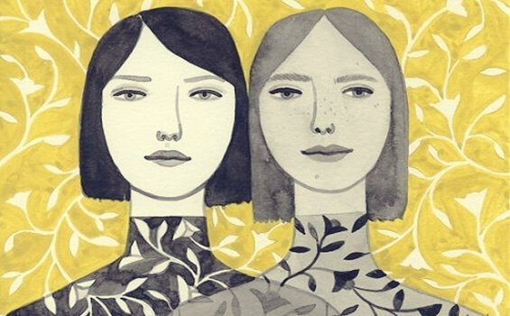 Zwillinge sind auf einer Wand abgebildet.