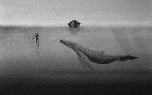 Wal unter einem kleinen Boot, vor dem ein Mensch geht
