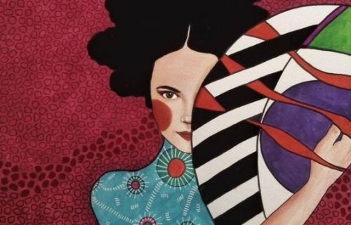 Frau roten Wangen und Fächer