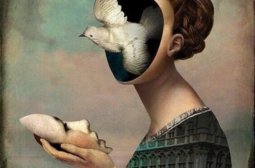 Frau nimmt Maske ab und ein Vogel fliegt aus ihrem Kopf