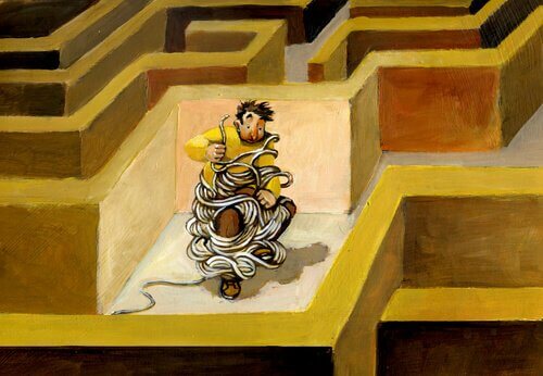 Gefesselter Mann in Labyrinth