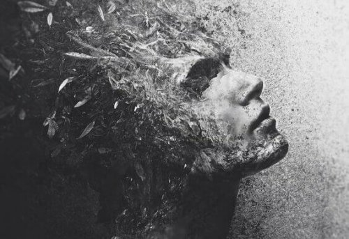 Gesicht eines Mannes mit Federn bedeckt