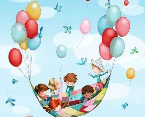 Kinder fliegen in einem aus Luftballons gebastelten Heißluftballons